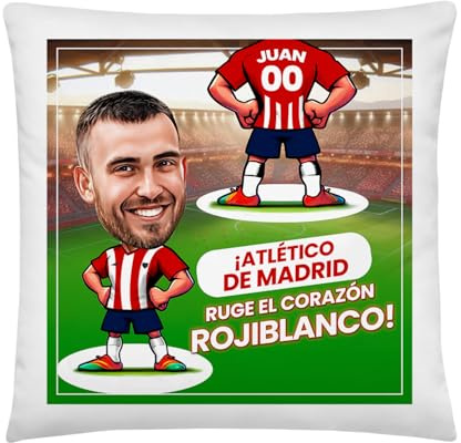 Kembilove Cojín Personalizado Atlético de Madrid con Caricatura | Almohada con Foto Nombre y Número | Regalo para Colchoneros | Decoración Ideal para Fans del Atleti