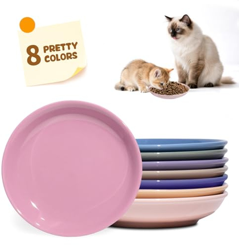 Ceramic Cat Bowls, 8 Pack Cat Food Bowls Whisker Friendly, 5.9 Cat Food Bowl Ceramic Wide Shallow Kitten Plates for Cat, Easy to Clean Indoor Feeding Dishes, Multicolor