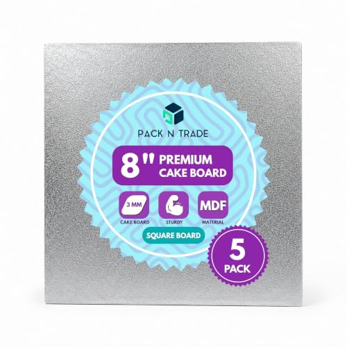 Pack N Trade 8 Inch Square Cake Boards – Pack of 5 Double Thick 3mm Cardboard, Foil-Finished Both Sides, Reusable & Sturdy Cake Base for Baking, Decorating, and Display