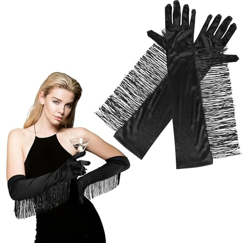 KYOEOE Halloween Handschuhe Schwarz Lang,Satin Fransenhandschuhe Elegant Abendhandschuhe Schwarze Handschuhe Kostüm Accessoire Gloves für Halloween Karneval Classic Opera 1920s Party