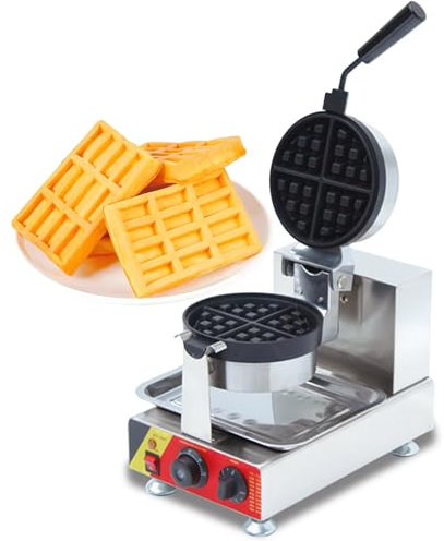 MJMLUCK Máquina para Hacer wafles Rotatoria Individual, Antiadherente, eléctrica, con Temporizador, Temperatura Ajustable, Mango Antideslizante extraíble, 110 V, para Tiendas de Comida rápida, Food