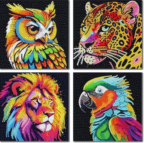 BEAYIOU 4Pack 5D Diamond Painting Kit for Kids, Animal Diamond Art Easy Kits, Owl Leopard Lion Parrot Diamond Painting Full Drill Diamond Art Gem Painting for Girls, Boys, Beginners
