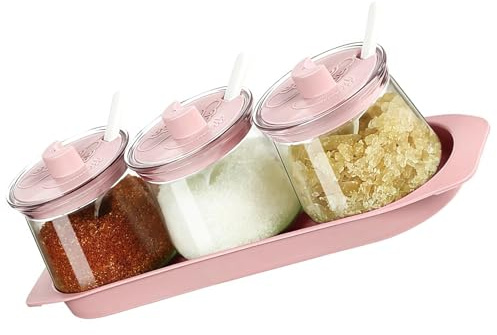 Docache Set d'épices de cuisine avec plateau - Récipient à épices transparent avec couvercle et cuillère - Set d'organisation d'épices de cuisine, de sel, de sucre et de condiments,3 pièces (Rose)