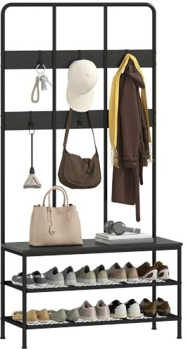 HOMCOM Garderobenständer mit Schuhbank, 6 Haken, Schwarz, 91 x 36 x 180 cm | Kleiderständer, Garderobe, Jackenständer für Eingangsbereich, Flur, Schlafzimmer