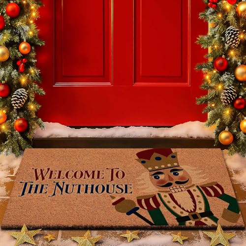 Lanpn 42x75cm Felpudo de Navidad Coco, Cascanueces Antideslizante de Goma Exterior Entrada Casa Natural Coco Felpudo Delante Puerta Decoraciones para Decoración Navidad Invernal (Marrón)