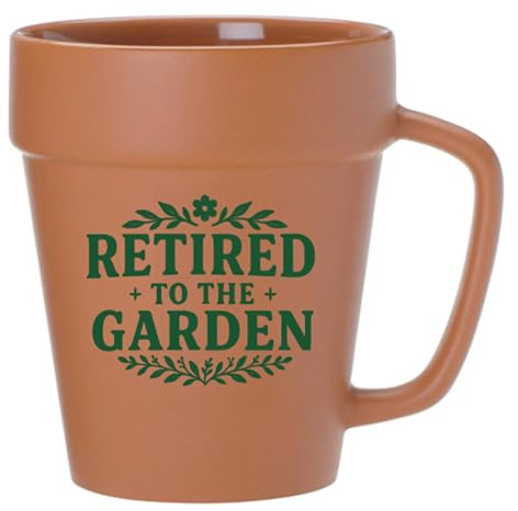 POURWARE INKED Retired to the Garden 14oz Terra Cotta Flower Pot Mug, Fun Coffee Cup for Gardeners, Funny Gardening Gift for Women, Mom, Teacher, and Plant Lovers (Retired to the Garden)
