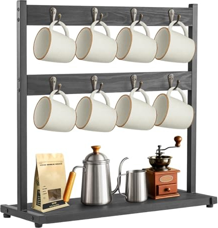 2-Tier Mug Tree with Storage Base 16-Hook Countertop Cup Holder Organizer | Mug Display Organizer for Coffee Tea Mugs (Black without Shelves)