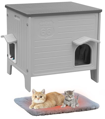 Katzenhaus Outdoor Winterfest aus Kunststoff mit Matte Feral katzenhöhle Wetterfest für Winter Doppelzimmer (Grau)