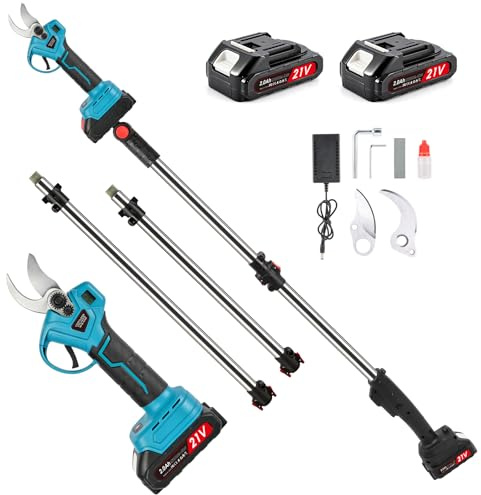 Tijeras de Podar Eléctricas 35 mm，con 2,6 m Pértiga, Cabezal Ajustable 180°,2×2.0Ah Batería,Tijeras de Podar Telescópicas para Jardín y Árboles