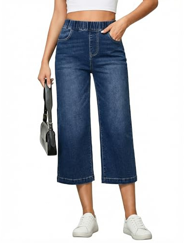 Vetinee Women's Wide Leg Elasticated Waist Jeans Baggy Stretch Cropped Jeans