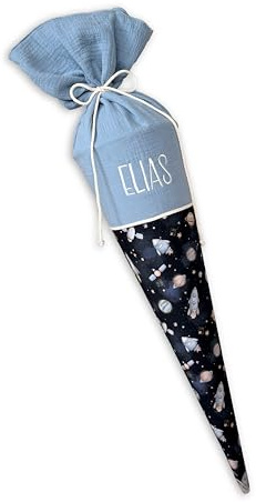 Generisch Schultüte für Junge Blau Weltall | personalisierte Zuckertüte mit Name | handgemacht | hochwertige Stoffschultüte zur Einschulung (35cm - mit Kissen)
