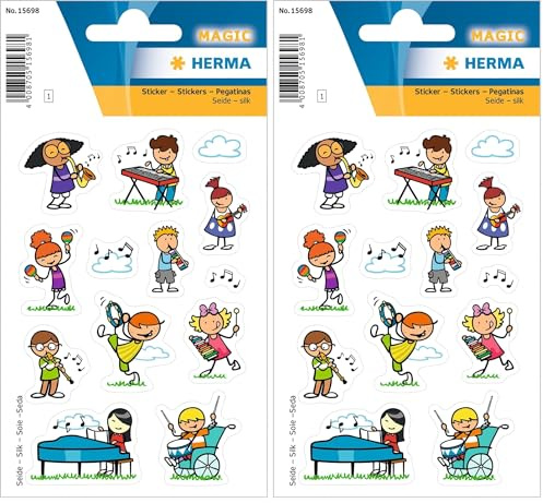 HERMA 15698 Aufkleber Musik klein, 13 Stück, Musiknoten Sticker aus Seide Stoff mit Musiker Rock Band Motiv, Kinder Etiketten für Fotoalbum Tagebuch Poesiealbum Scrapbooking Geburtstag Deko Briefe DIY