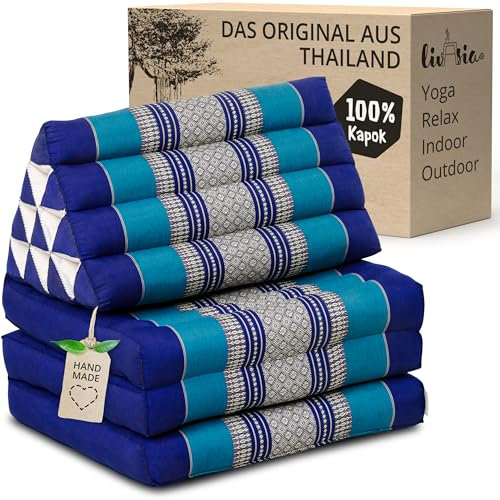 livasia cojín tailandés con 3 Inferiores - 175x50x8cm - Cojín Triangular y colchón Plegable, Almohada,kapok, Cojín Espalda, Esterilla Thai Plegable, Hecho a Mano, Cojín meditación (Azul)