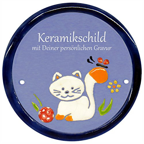 Handarbeit aus Schleswig-Holstein Keramikschild 11,5 x 11,5 cm Motiv Katze mit Ball (hellblau)
