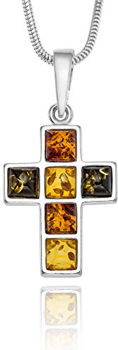 Copal Damen Halskette Mit Kreuzförmigem Bernstein-Anhänger Und Silberner Schlangenkette