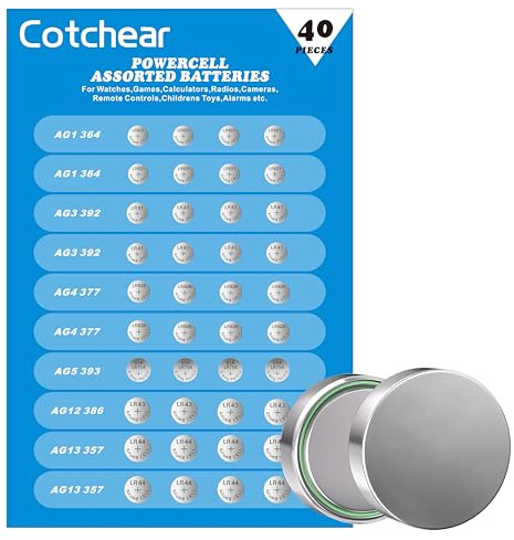 Cotchear 40pcs Alkaline Cell Batteries Assorted 1.5 Volt AG1/LR621 AG3/LR41 AG4/LR626 AG5/LR754 AG12/LR43 AG13/LR44 Coin Batteries Set 0% Mercury