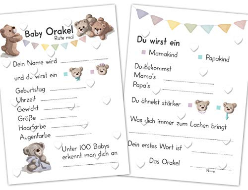 PICTALOO Baby Orakel, das perfekte Babyparty Spiel für Mädchen und Junge, Ratespiel mit 25 TIPP Karten mit Fragen, kreatives Geschenk für die Baby Shower, großer Spaß für Mama und Gäste (Weiß)