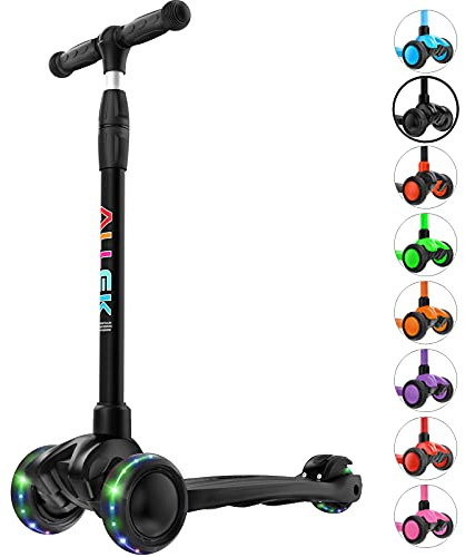 Allek Kick Scooter B03, Lean 'N Glide 3-Wheeled Push Scooter with Extra Wide PU Light-Up Wheels, Any Height Adjustable Handlebar and Strong Thick Deck for Children from 3-12yrs (Black)