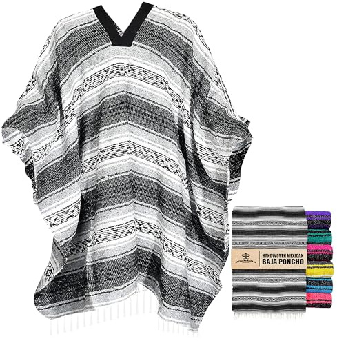 Mexican Poncho for Men & Women – Authentic Serape Blanket, Warm Cotton Fabric, Western Cowboy Style, Jorongo Gaban Baja Hoodie, Lightweight Outdoor Hiking Festival Poncho Gray