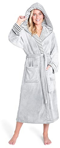 CityComfort Dams Dressing Gown Fluffy Super Soft Hooded Bathrobe For Women Plysch Fleece Perfect Loungewear Long Robe, M, Två tongrå
