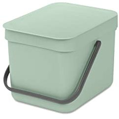 Brabantia Sort & Go Food Waste Bin 6L (Jade Green), Space-Efficient Plastic Recycle Bin with Handle, Removable and Stay-Open Lid, Easy to Clean Kitchen Compost Caddy without Nooks and Rims
