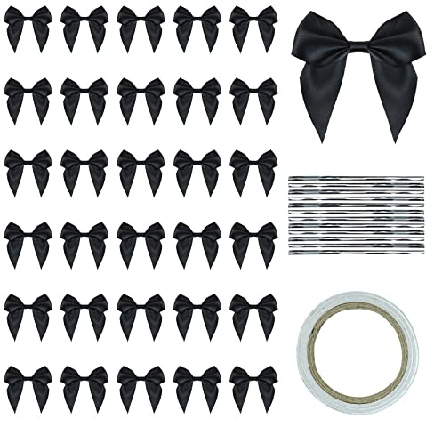 FuninCrea 30 Pezzi Fiocchi di Nastro, 7 cm x 7 cm Fiocchetti Piccoli per Decorazioni, Nastro di Raso con Biadesivo, Multicolori Nastri Satinato per Artigianato, Decorazione di Regali (Nero)