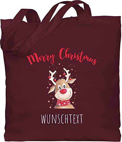 Baumwolltasche - Weihnachten Geschenke - Merry Christmas Rentier mit Sternen - Unisize - Bordeauxrot - weihnachts tasche weihnacht jutetasche personalisierte weihnachtliche weihnachtsmotiven