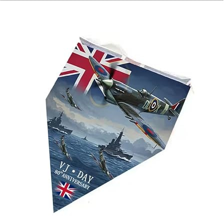 VJ Day 80th Anniversary Bunting England Flags, 5m Length – WWII Commemorative with Union Jack & Spitfire Design, Outdoor/Indoor Decoration for Victory in Japan Day, British Patriotic Raise Flag