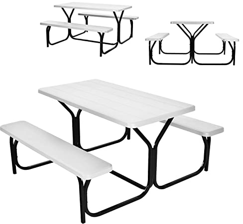GYMAX Juego de 3 Muebles de Jardín, 2 Bancos de Cerveza y Mesa de Cerveza, Mesa de Pícnic, Mesa de Jardín, Juego de Asiento, Juego de Jardín, Camping, 150 x 137 x 72 cm, Color Blanco