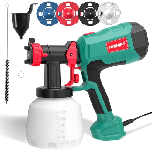 HYCHIKA Paint Sprayer for Walls and Ceilings, 600W HVLP Paint Spray Gun, 1200ML Tank 4 Nozzles and 2 Cleaning Tools, Easy to Clean, 3 Patterns Spray Paint Gun for Fences and Sheds, Furniture