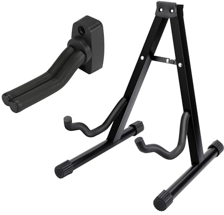 ASAB Guitar Stand with Wall Mounted Hook Stable and Secure A Frame Acoustic Electric Bass Padded Foam Arms Rubber Backrest Anti Slip Feet Easy to Assemble Foldable Universal Design, Black