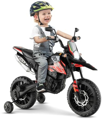GOPLUS Aprilia Elektrisk motorcykel, 12 V, barnmotorcykel med 2 stödhjul och strålkastare och musik för barn från 3–8 år, barnfordon med dubbelmotorer och stötdämpare, 5,5–6 km/h (röd)