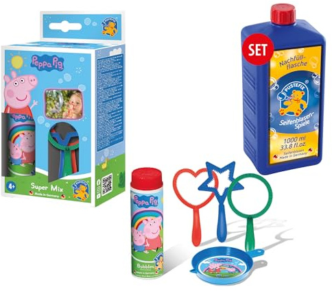 PUSTEFIX Super-Mix Peppa Pig & Nachfüllflasche Maxi 1 Liter I Seifenblasen Kinder Set I 70ml Seifenblasen Flüssigkeit I Bubbles für Partys & Geburtstage