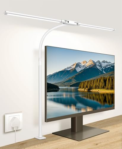 Woputne Desk Lamp with Clamp, with 5V 2A Adapter, LED Desk Lamp with Dual Head, 50 Light Modes, Computer Monitor Flexible Neck Lamp, Eye Protection Desk Lamps for Study, Office, Crafts, Draw(White)