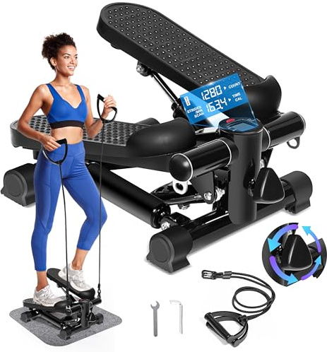 TOPMAJOR Steppers for Exercise at Home with 330 lbs Weight Capacity, Resistance Bands & Non-Slip Mat for Full Body Workout, Adjustable Height Hydraulic Stepper with LCD to Monitor Steps & Time