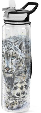 Mnsruu Transparente Sport-Wasserflasche mit Strohhalm, auslaufsichere Trinkflasche, Wasserfarben, Schneeleopard, Fahrradflaschen für Sport, Büro, Schule, BPA-freier Tritan-Kunststoff, 1 Liter