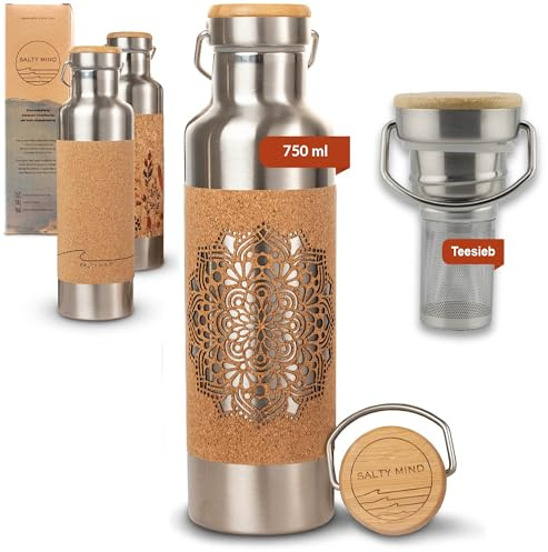 Salty Mind Edelstahl Trinkflasche 750ml + Teesieb - Nachhaltige, isolierte Thermo Wasserflasche Edelstahl auslaufsicher - Iso Flasche, BPA frei - Thermotrinkflasche (Mandala-Lasercut)