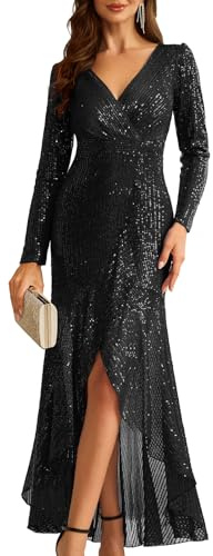 COOAN Damen Lange Pailletten Formelle Kleider Langarm Cocktail Hochzeit Gäste Kleider Elegant V-Ausschnitt Partykleider