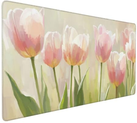 Gaming Mauspad XXL Rosa Mousepad 1000x500x4mm Tulpe Verlängertes Mauspad Schreibtischauflage,Genähte Kanten Mauspad,Verbessert Präzision und Geschwindigkeit Wasserdicht Geeignet für Büro und Spiele