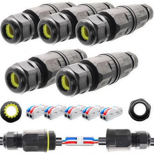 Outdoor Waterproof Wire Connectors, CTRICALVER IP68 Waterproof Wire Connectors (AWG20-12 L/N 2 in 2 out) Wire Connectors Push fit, 5Pack, For Outdoor Wiring for Cable Diameter Ø6-9 mm