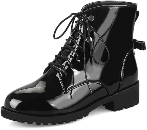 Gicoiz Femme Bout Rond Comfy Lacets Combat Bottes Militaires Cuir Verni Low Bloc Bottes Chunky Plateforme Extérieur Warm Biker Ankle Bottines Bowknot Noir Taille 39 EU-40Cn
