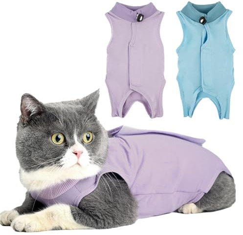 TYXHXTF 2Pcs Cat Recovery Suit, Cat Onesie, Pajama Suit, E-Collar Alternative for Cats After Surgery Wear (M) (Blue+Purple)