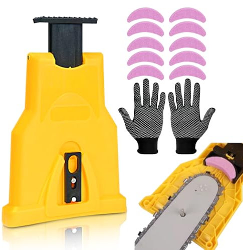 Mokaskaidj Affuteuse de Chaine Tronconneuse, Kit Affutage Chaine Tronçonneuse, Affûteur Portable Tronçonneuse avec 10 Pierres à Aiguiser and a Pair Work Gloves, Woodworking Quick Tools for Lumberjacks