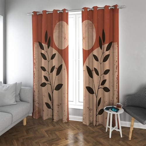 UIRINGART Boho-Stil Vorhänge Geometrische Blöcke Fenstervorhänge für Küche Kinderzimmer Schwarze Pflanze Blattdruck wärmeisolierte Vorhänge 2 Paneele H290xB140