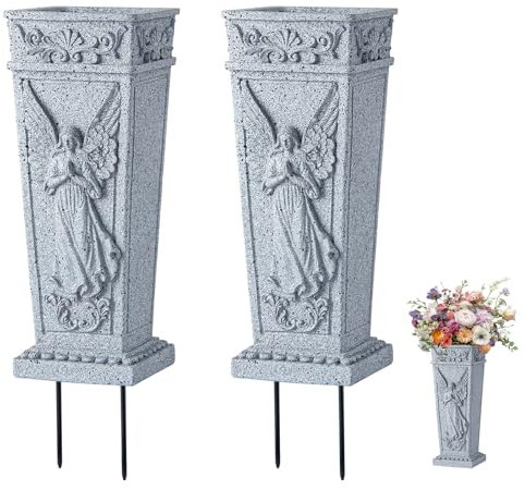 Grave Vase with Spike, Resin Memorial Vase Cemetery Flowers Holder for Headstone, Grave, Cemetery, Garden, Lawn, Yard Decorations (2Pcs, Grey)