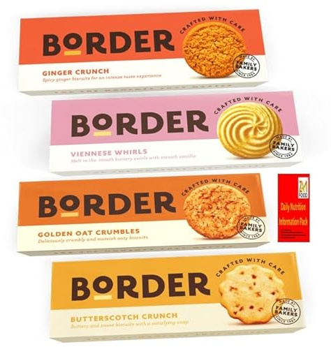 Border Biscuits Selection Value pack, 4 Delicious Flavours Butterscotch Crunch, Golden Oat Crumbles, Viennese Whirls and Ginger Crunch - Perfect Biscuits Gift for friends and family (Pack of 1 Mix 4)