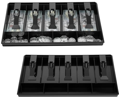 2 Pcs Cash Register Drawer Insert Tray Organizer with 5 Bill/4 Coin Compartments for Money Storage, Black