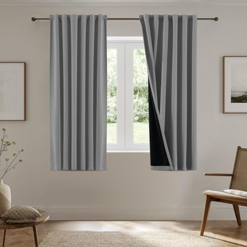 BellaHills 100% Schallschutz Vorhang Kurze Blickdichte Gardinen für Schlafzimmer Vorhang Thermo Hitzeschutz & Wärmeisolierend, 2er Set H 137 x B 117 cm, Taubengrau