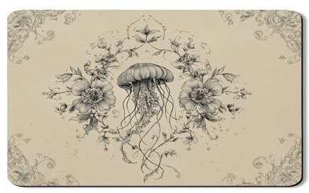 Jellyfish Floral Dish Drying Mats For Kitchen, Vintage Black Floral Absorbent Rubber Dish Drainer Mat, PU Leather Drying Pad For Coffee Bar 12x20 Inch