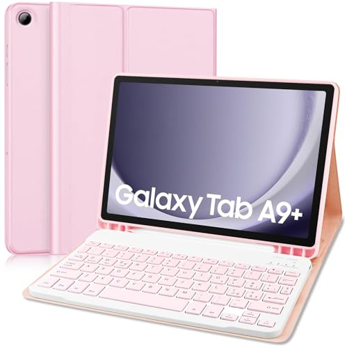 Yeegnar Tastiera Samsung Galaxy Tab A9 Plus, Custodia con Tastiera per Galaxy Tab A9+ 11 2023 (SM-X210/ X215/ X216), Rosa (Stilo non incluso)